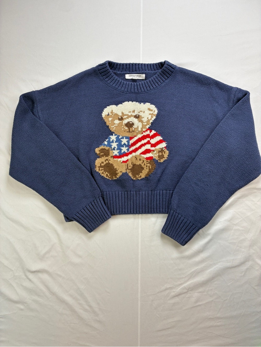Grayson Threads Navy szM American Flag Teddy Bear Cropped Crewneck Sweater